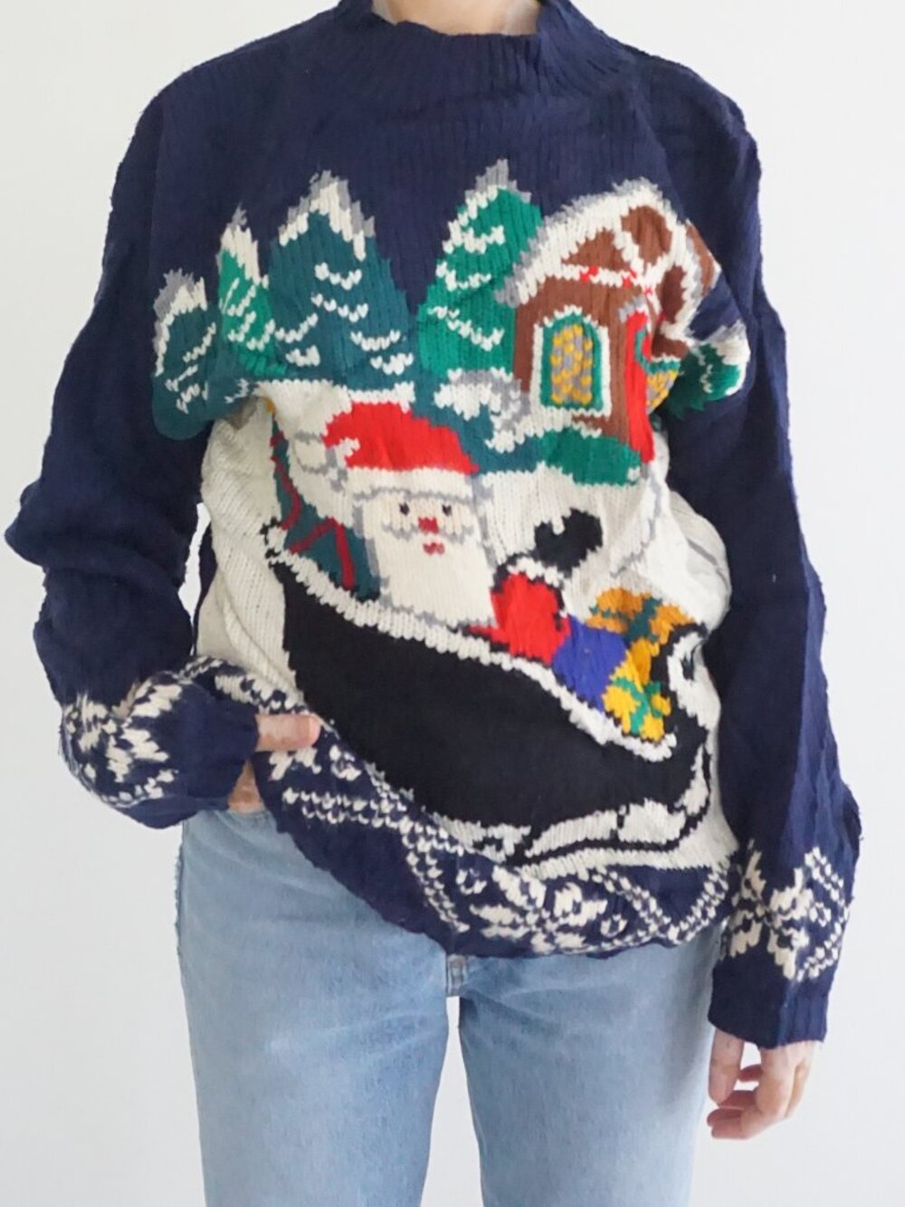 Vintage Navy Santa Sleigh Christmas Village Winter Scene Holiday Knit Sweater XL